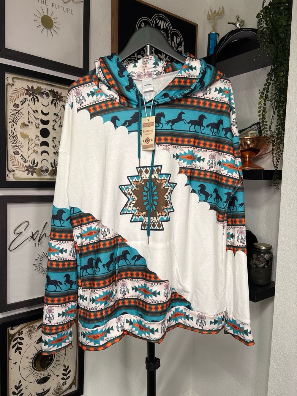 Lanaoree Southwestern Aztec Horse Hoodie Medium Cowgirl Western